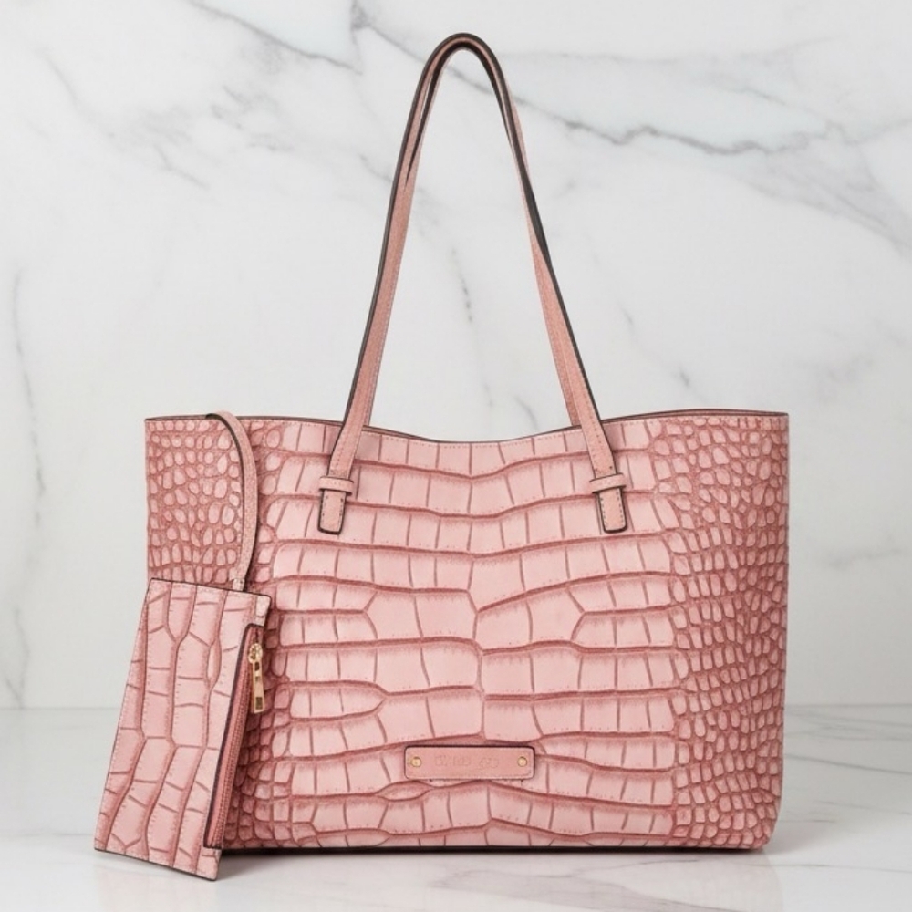 $200 NWT De Vesi Tote De L'amour Pink Crocodile-Embossed Tote Bag